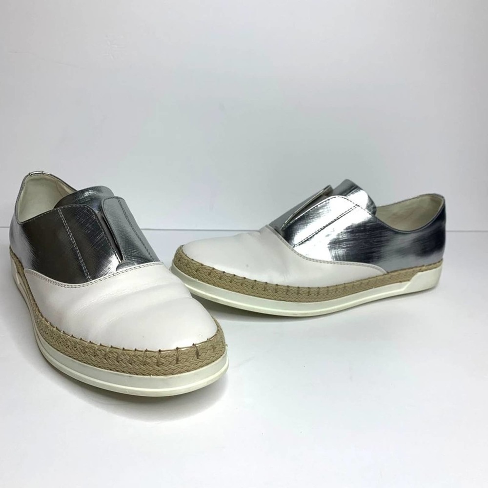 Tod's White Silver Leather Espadrille Slip On Sneakers Size 7.5 EU38